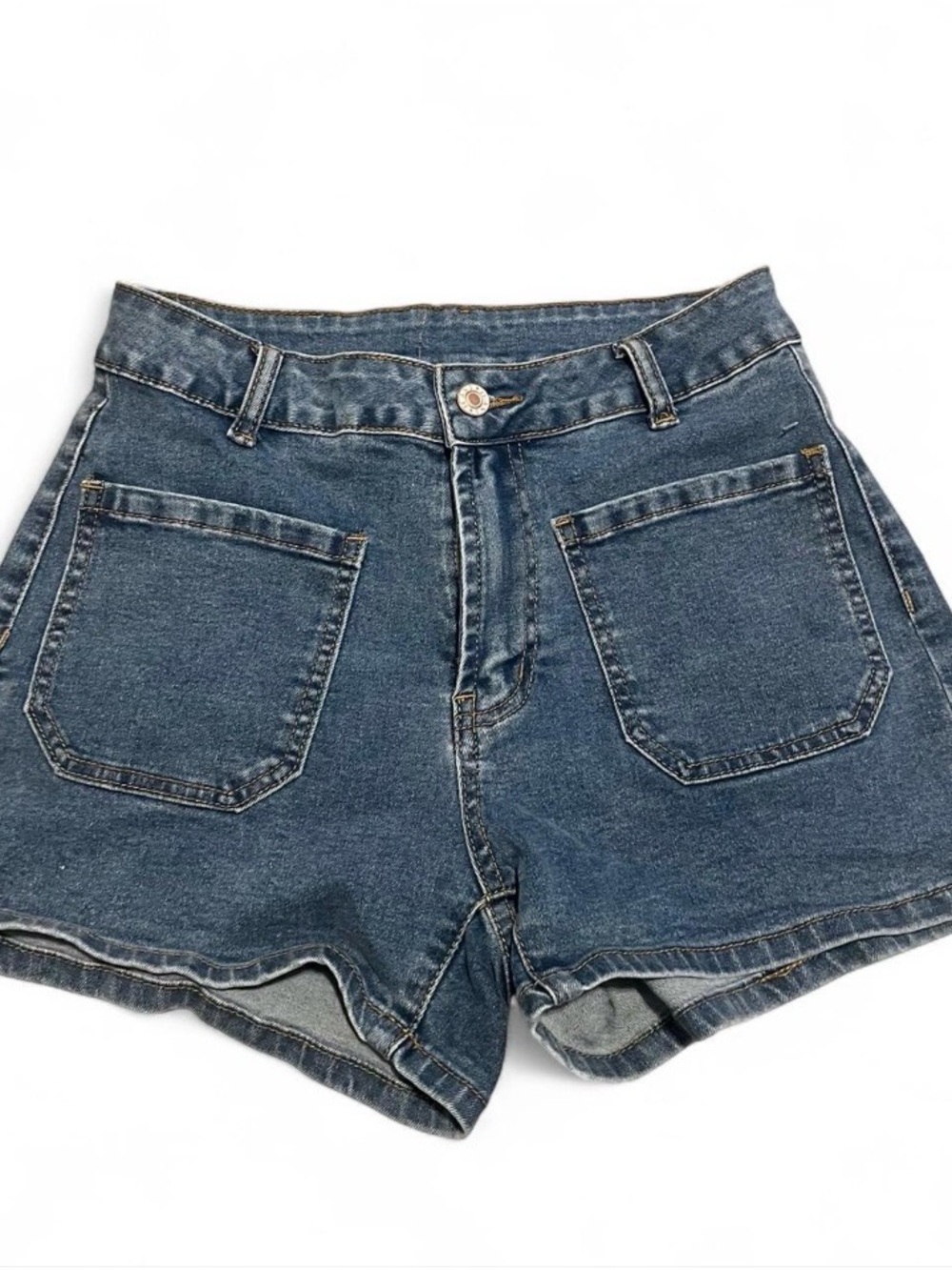 High-Waist Dark Blue Denim Y2K Shorts with Front Patch Pockets